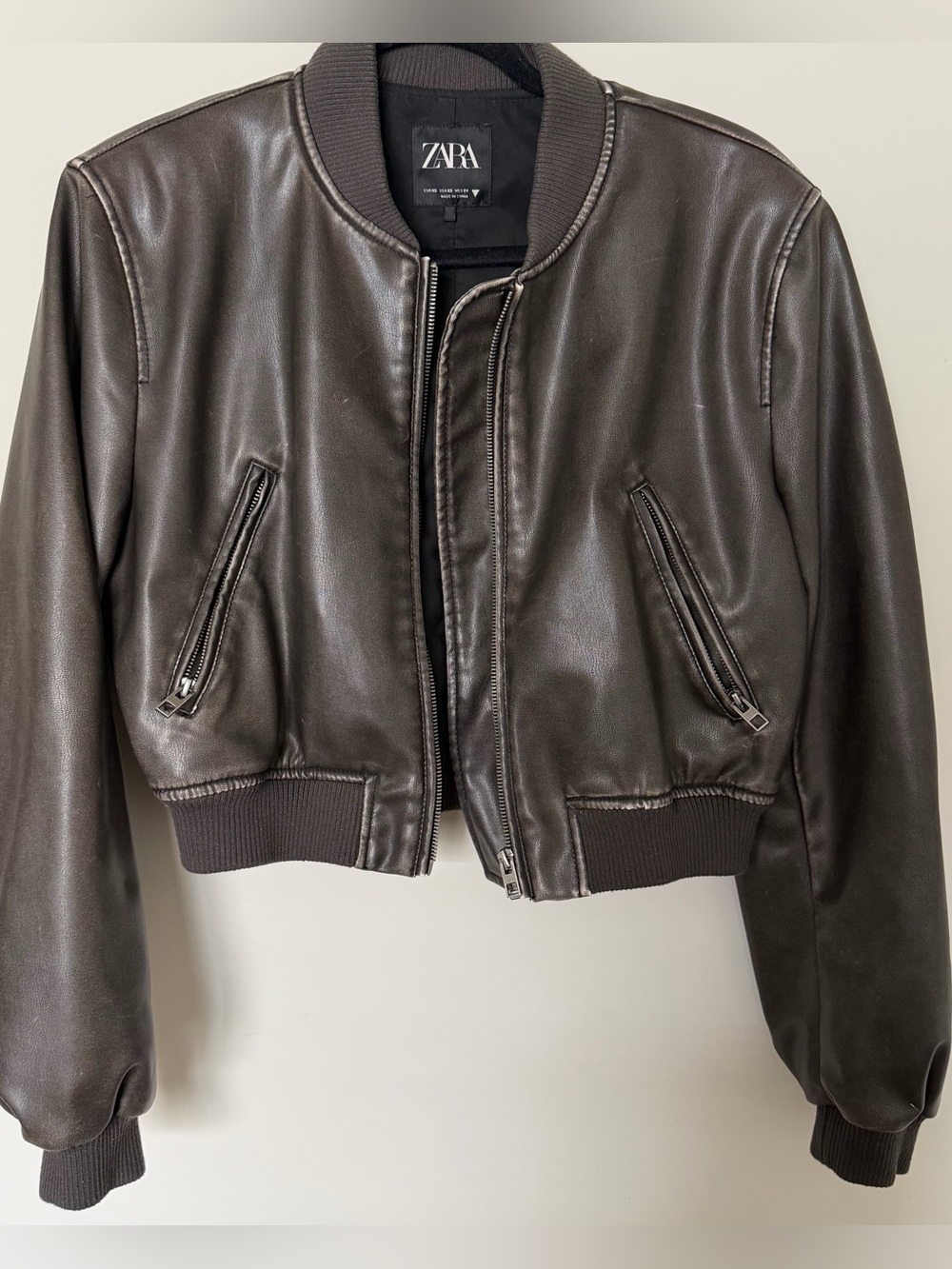 Zara Dark Brown Leather Bomber Jacket
